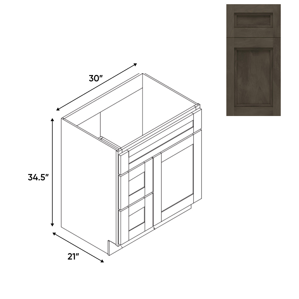 RTA - Havana Ash - Vanity Cabinets with 1 Door 2 Drawer Left - 30"W x 34.5"H x 21"D - HAA-3021DL