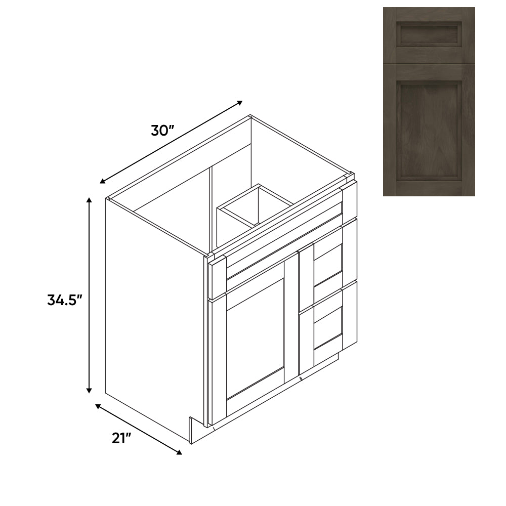 RTA - Havana Ash - Vanity Cabinets with 1 Door 2 Drawer Right - 30"W x 34.5"H x 21"D - HAA-3021DR