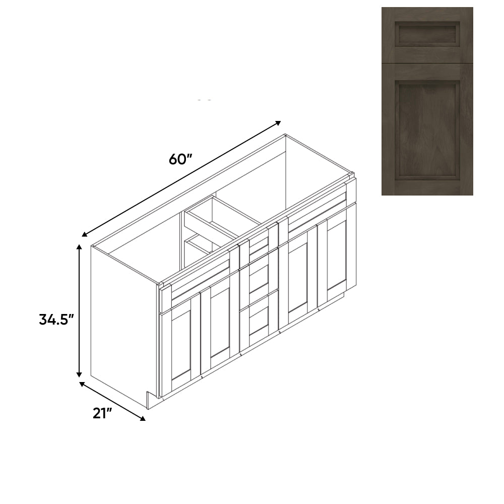 RTA - Havana Ash - Vanity Cabinets with 3 Drawer Center - 4 Drawer Side - 60"W x 34.5"H x 21"D - HAA-6021DD