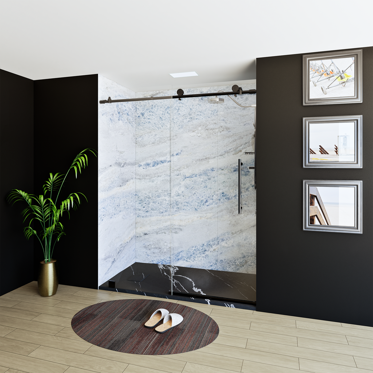 60" x 76" Frameless Shower Door with Black - Solid Surface Shower Base Tray - Shower Kit with covered drain - and 5pc Shower Wall System