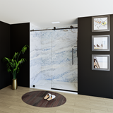 60" x 76" Frameless Shower Door with Black - Solid Surface Shower Base Tray - Shower Kit with covered drain - and 5pc Shower Wall System