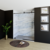 60" x 76" Frameless Shower Door with Black - Solid Surface Shower Base Tray - Shower Kit with covered drain - and 5pc Shower Wall System