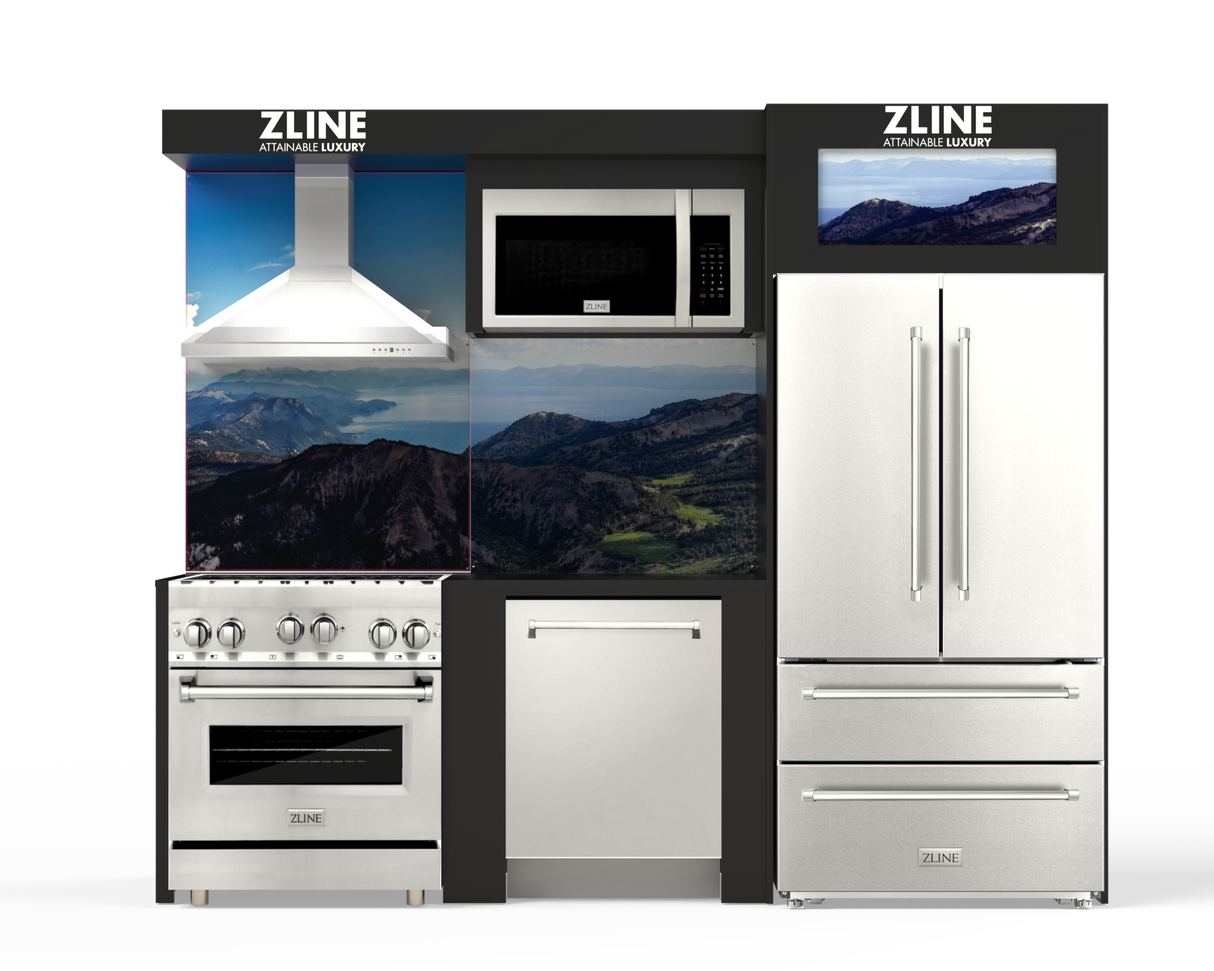ZLINE Kitchen Vignette with a Stainless Steel Refrigerator, 36" Dual Fuel Freestanding Range, Stainless Steel Range Hood, 30" Over the Range Microwave, and Monument Style Dishwasher (VND-FCD-RA)