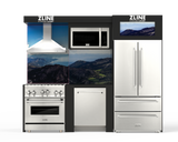 ZLINE Kitchen Vignette with a Stainless Steel Refrigerator, 36" Dual Fuel Freestanding Range, Stainless Steel Range Hood, 30" Over the Range Microwave, and Monument Style Dishwasher (VND-FCD-RA)