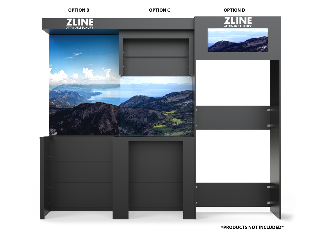 ZLINE Kitchen Vignette for 30" Range Hood, 30" Range, 30" OTR, 24" Dishwasher and 36" Freestanding Refrigerator (VN-BCD)