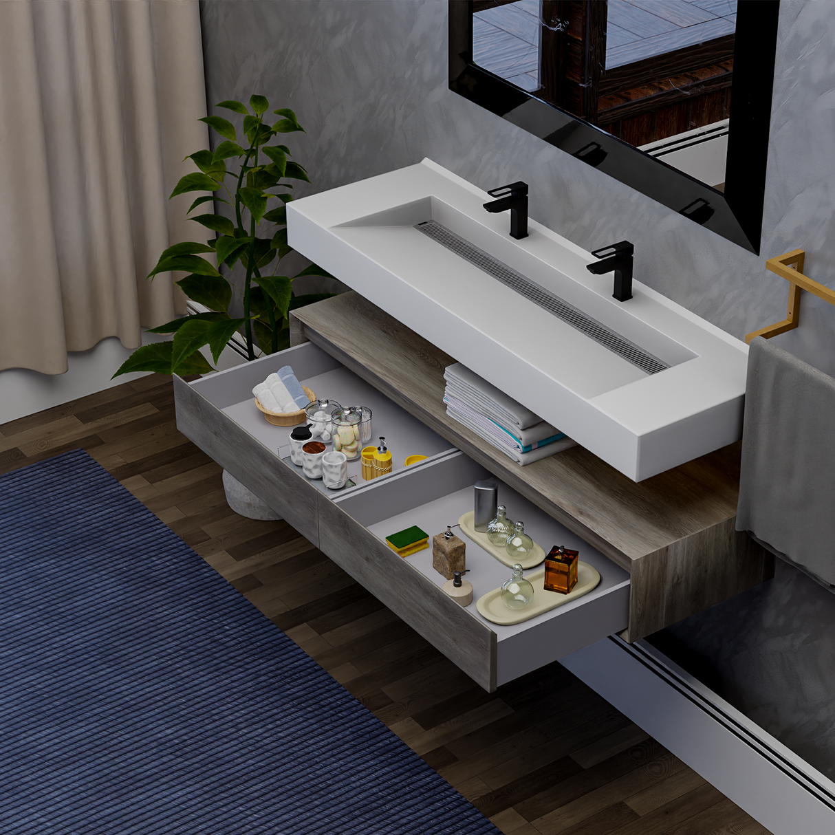 Alysa 60" Floating Bathroom Vanity Set with FLX16 Acrylic Sink/Double Faucet Hole