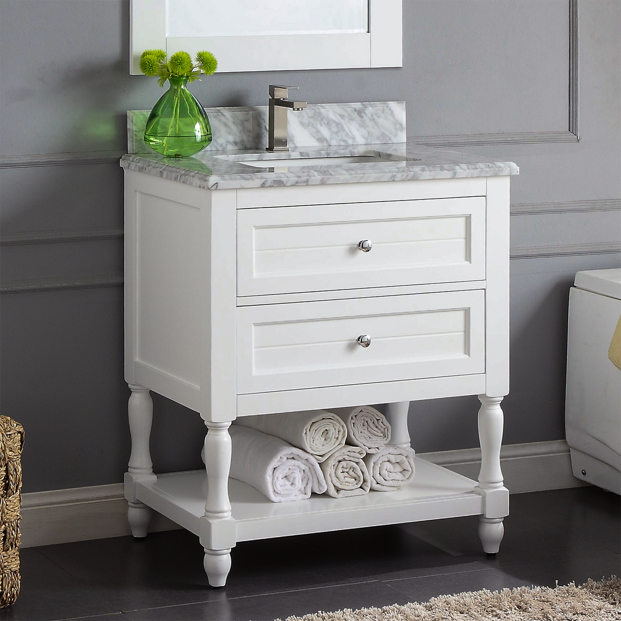 30" Elizabeth Freestanding Solid Wood White Bathroom Vanity with Carrara Natural Marble Sink Top with 4 In. Backsplash