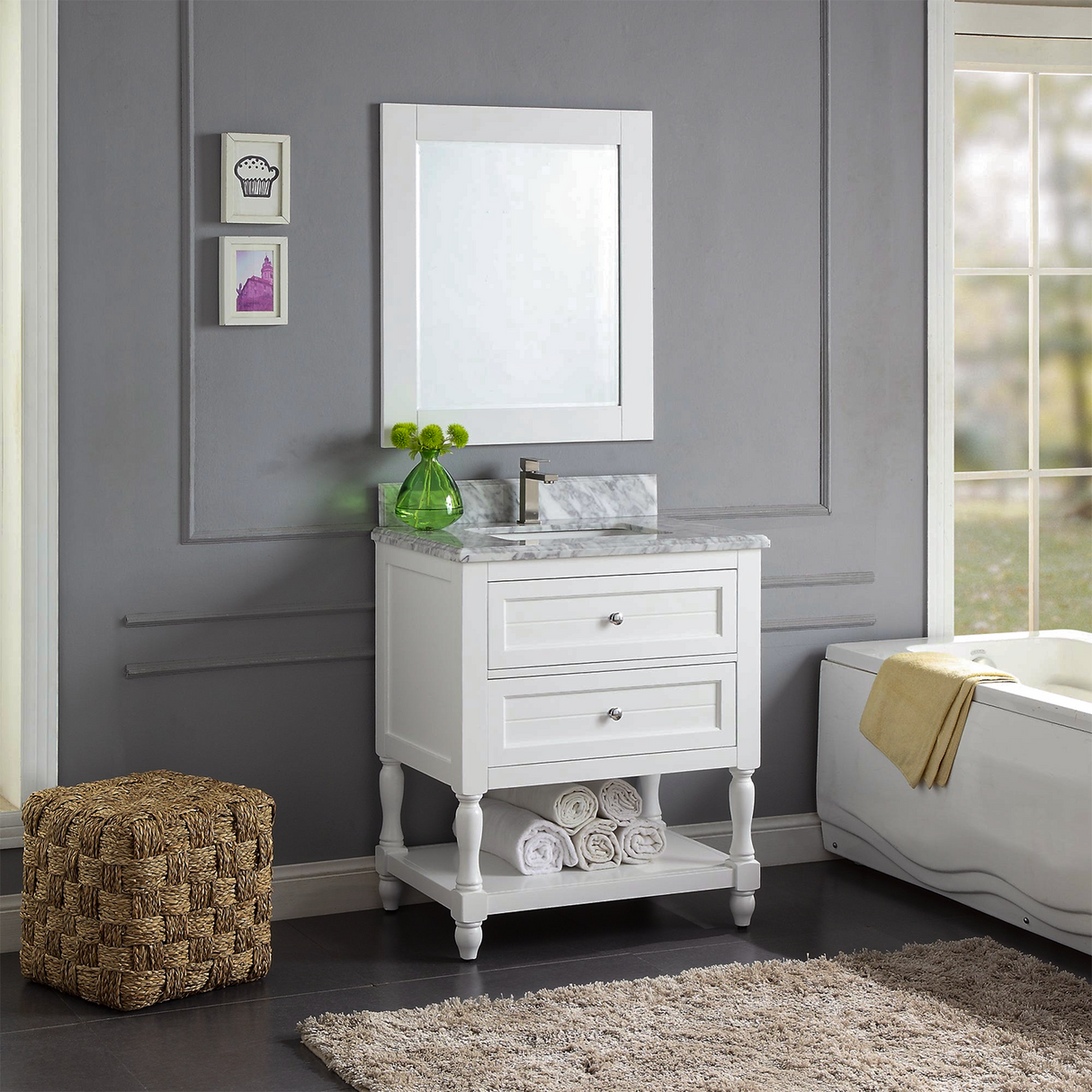 30" Elizabeth Freestanding Solid Wood White Bathroom Vanity with Carrara Natural Marble Sink Top with 4 In. Backsplash
