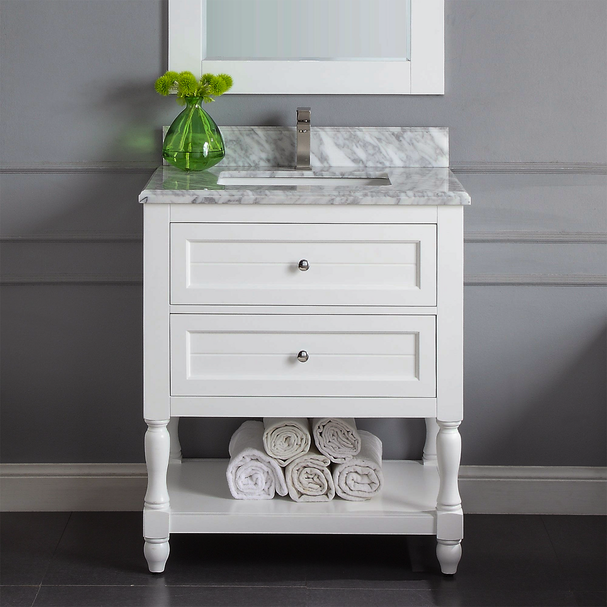 30" Elizabeth Freestanding Solid Wood White Bathroom Vanity with Carrara Natural Marble Sink Top with 4 In. Backsplash