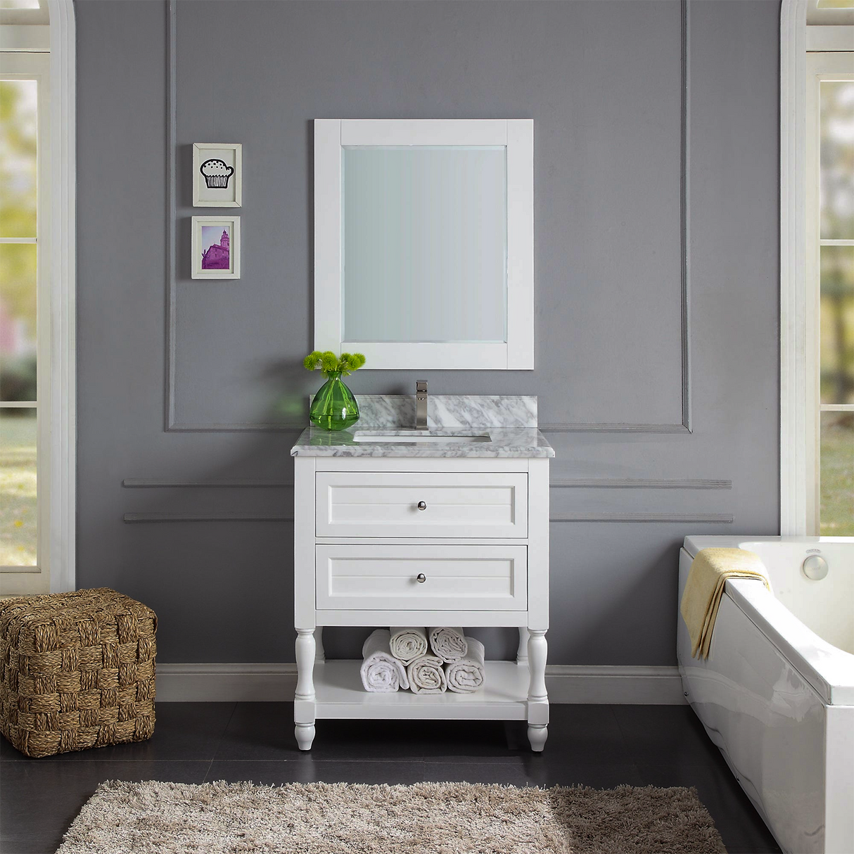 30" Elizabeth Freestanding Solid Wood White Bathroom Vanity with Carrara Natural Marble Sink Top with 4 In. Backsplash