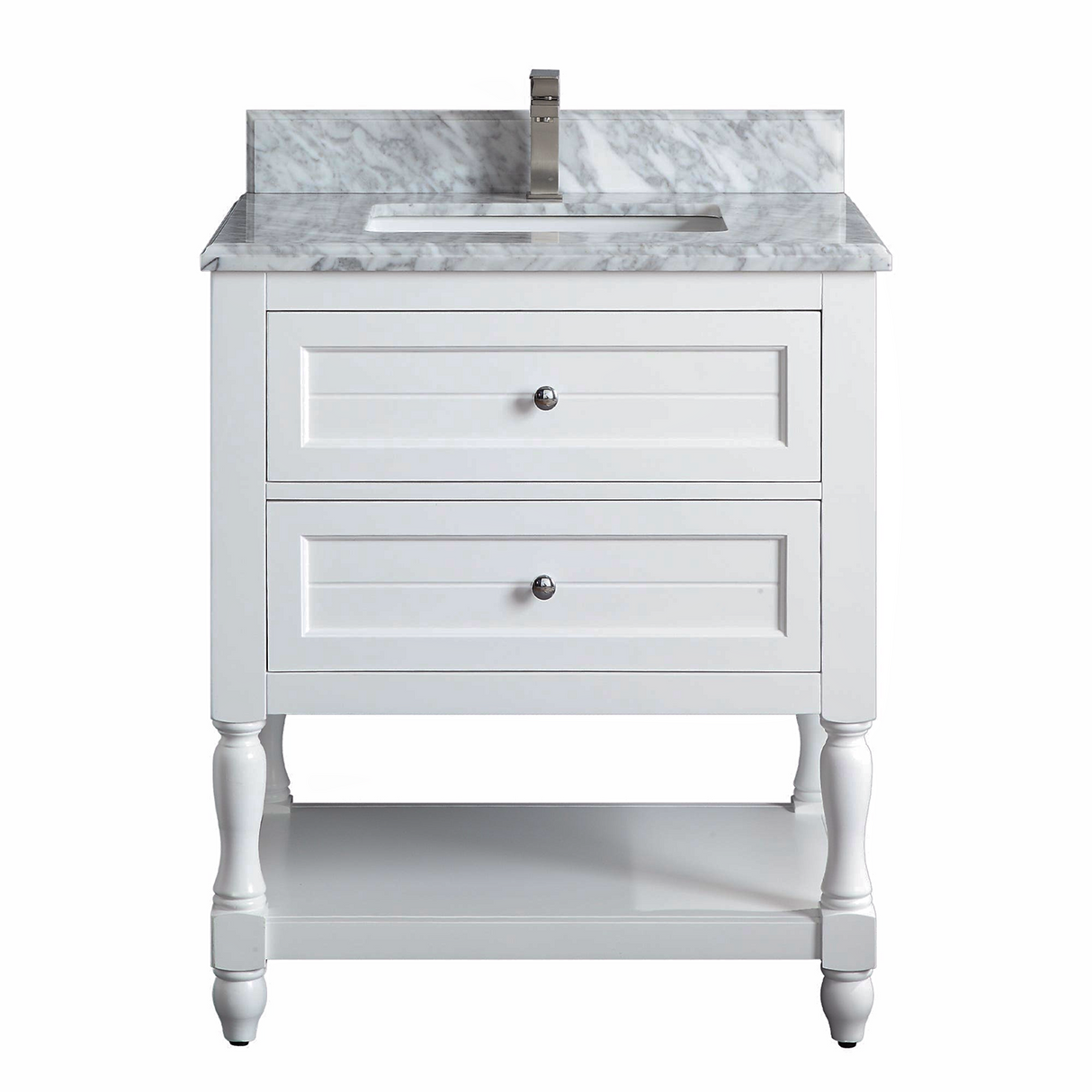30" Elizabeth Freestanding Solid Wood White Bathroom Vanity with Carrara Natural Marble Sink Top with 4 In. Backsplash