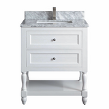 30" Elizabeth Freestanding Solid Wood White Bathroom Vanity with Carrara Natural Marble Sink Top with 4 In. Backsplash