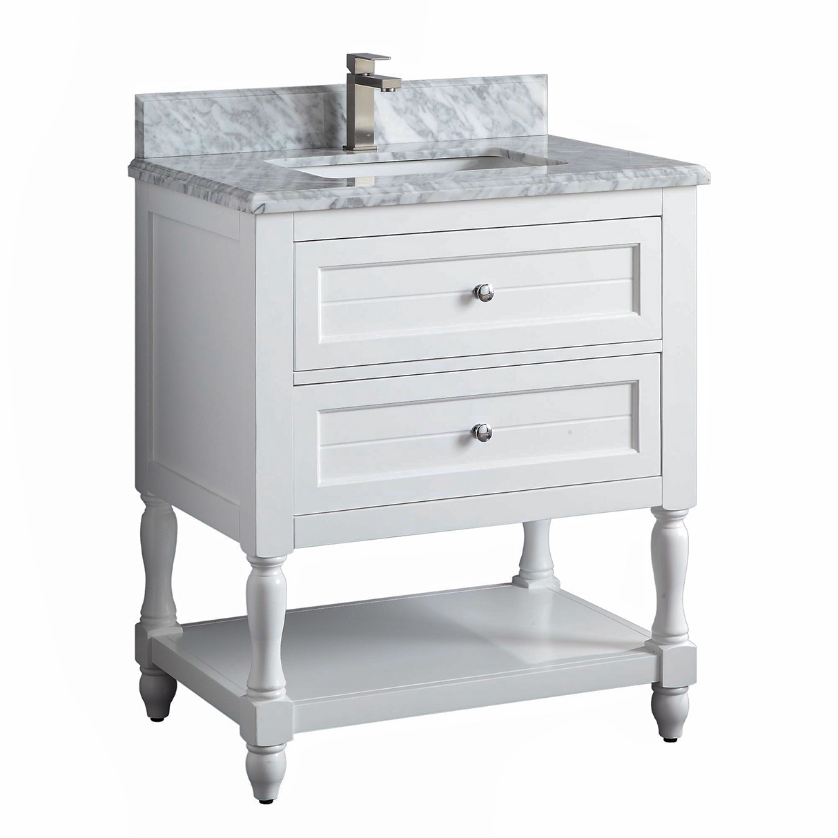 30" Elizabeth Freestanding Solid Wood White Bathroom Vanity with Carrara Natural Marble Sink Top with 4 In. Backsplash