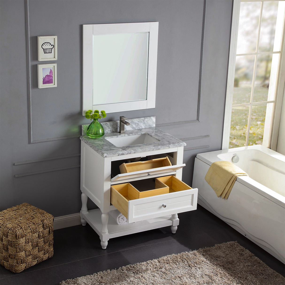 30" Elizabeth Freestanding Solid Wood White Bathroom Vanity with Carrara Natural Marble Sink Top with 4 In. Backsplash
