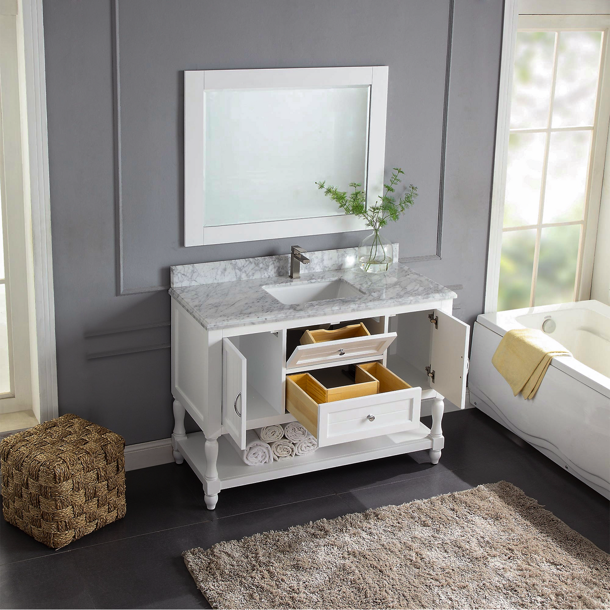 48" Elizabeth Freestanding Solid Wood White Bathroom Vanity with Carrara Natural Marble Sink Top with 4 In. Backsplash