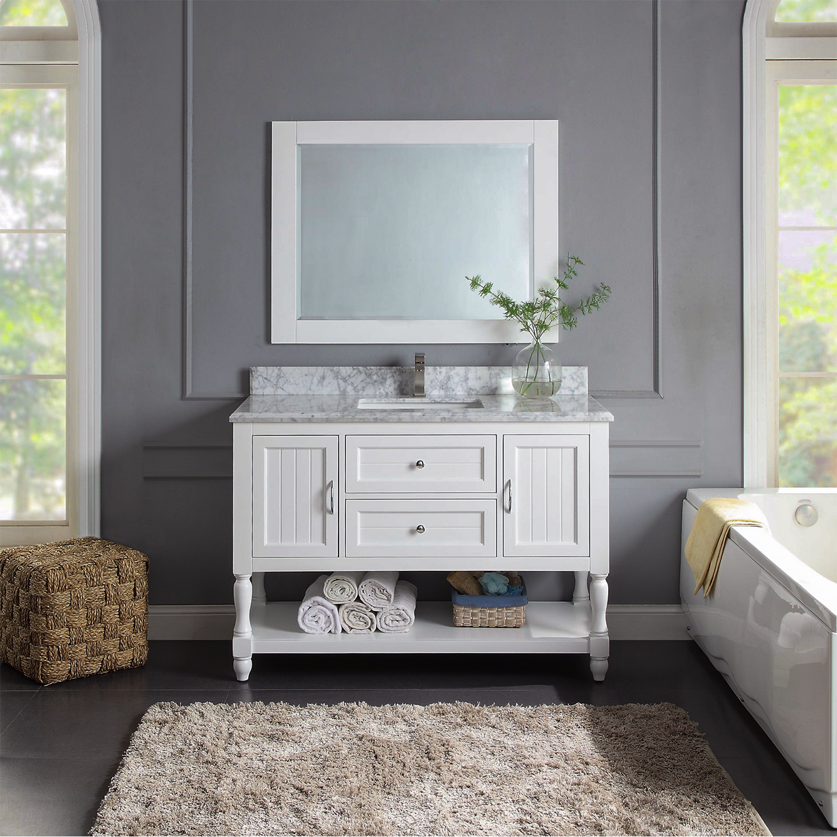 48" Elizabeth Freestanding Solid Wood White Bathroom Vanity with Carrara Natural Marble Sink Top with 4 In. Backsplash