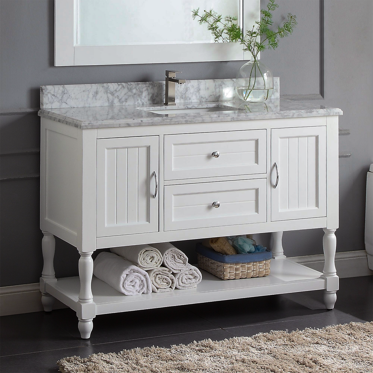 48" Elizabeth Freestanding Solid Wood White Bathroom Vanity with Carrara Natural Marble Sink Top with 4 In. Backsplash