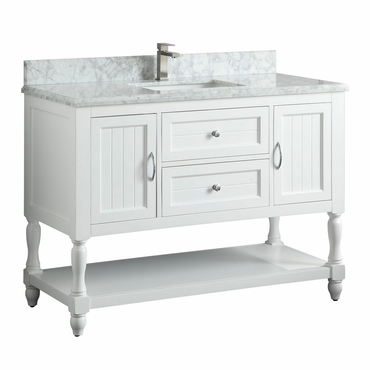 48" Elizabeth Freestanding Solid Wood White Bathroom Vanity with Carrara Natural Marble Sink Top with 4 In. Backsplash