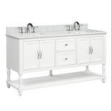 60" Elizabeth Freestanding Solid Wood White Bathroom Vanity with Carrara Natural Marble Double Sink Top with 4 In. Backsplash