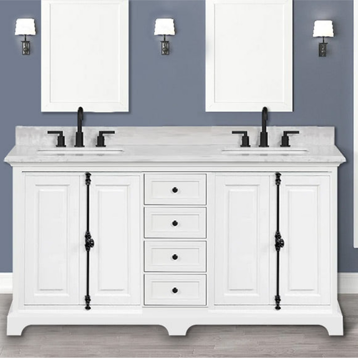 60" Icon Premium Freestanding Solid Wood White Bathroom Vanity with 1 In. Thick Premium Carrara Natural Marble Double Sink Top with 4 In. Backsplash