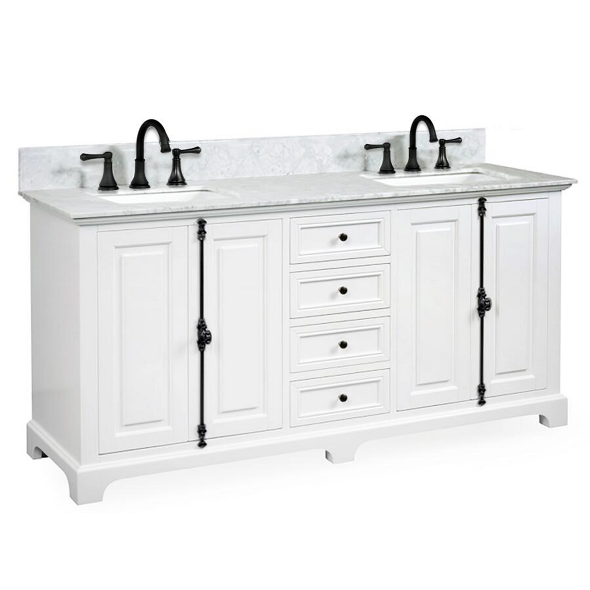 60" Icon Premium Freestanding Solid Wood White Bathroom Vanity with 1 In. Thick Premium Carrara Natural Marble Double Sink Top with 4 In. Backsplash