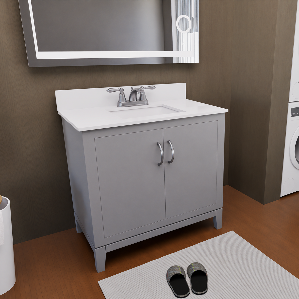 Gray 36" Luton Freestanding Solid Wood Bathroom Vanity With Crystal White Engineered Stone Sink Top & 4 In. Backsplash in Nature Wood Finish