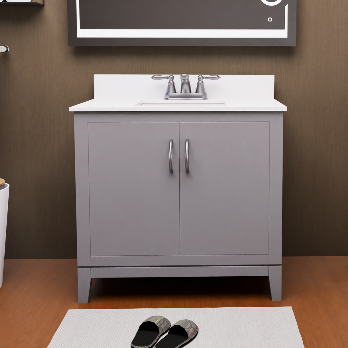 Gray 36" Luton Freestanding Solid Wood Bathroom Vanity With Crystal White Engineered Stone Sink Top & 4 In. Backsplash in Nature Wood Finish