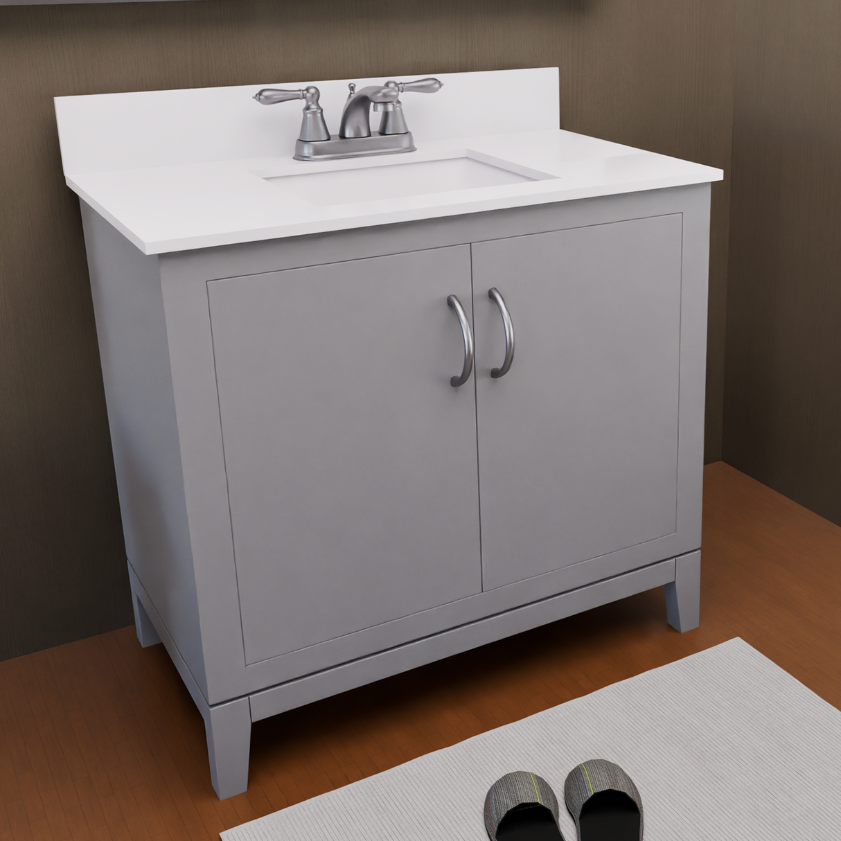 Gray 36" Luton Freestanding Solid Wood Bathroom Vanity With Crystal White Engineered Stone Sink Top & 4 In. Backsplash in Nature Wood Finish