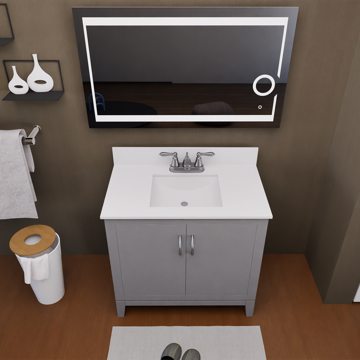 Gray 36" Luton Freestanding Solid Wood Bathroom Vanity With Crystal White Engineered Stone Sink Top & 4 In. Backsplash in Nature Wood Finish
