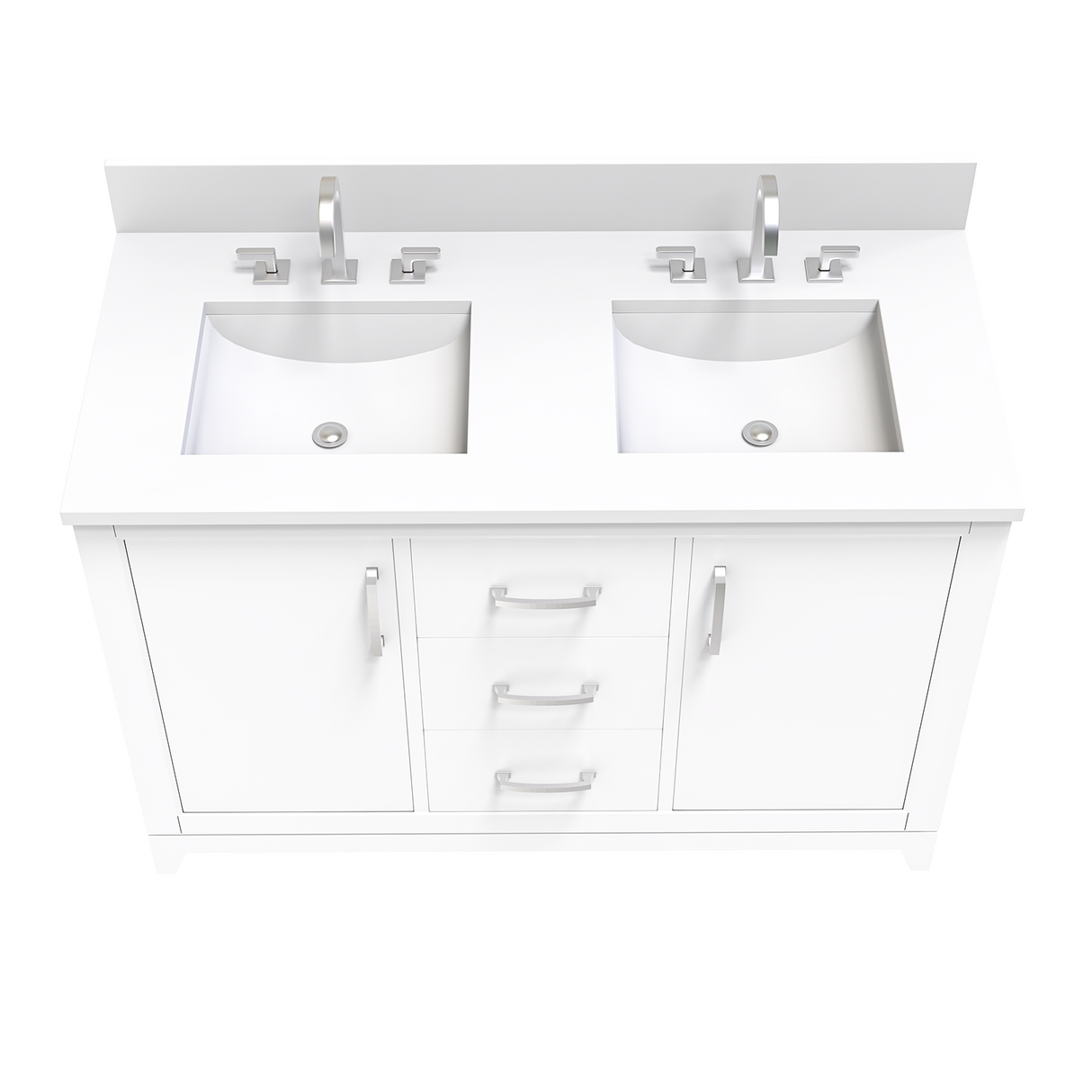 White 49" Luton Freestanding Solid Wood Bathroom Vanity With Crystal White Engineered Stone Double Sink Top & 4 In. Backsplash in Nature Wood Finish