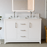 White 49" Luton Freestanding Solid Wood Bathroom Vanity With Crystal White Engineered Stone Double Sink Top & 4 In. Backsplash in Nature Wood Finish