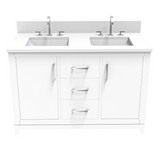 White 49" Luton Freestanding Solid Wood Bathroom Vanity With Crystal White Engineered Stone Double Sink Top & 4 In. Backsplash in Nature Wood Finish