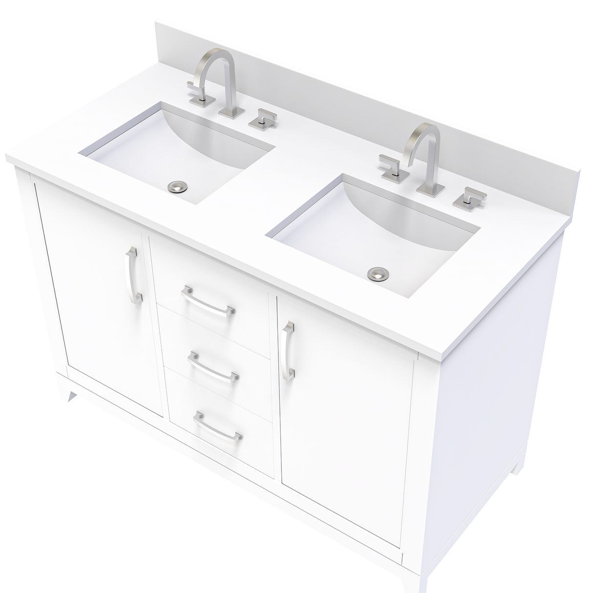 White 49" Luton Freestanding Solid Wood Bathroom Vanity With Crystal White Engineered Stone Double Sink Top & 4 In. Backsplash in Nature Wood Finish