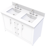 White 49" Luton Freestanding Solid Wood Bathroom Vanity With Crystal White Engineered Stone Double Sink Top & 4 In. Backsplash in Nature Wood Finish
