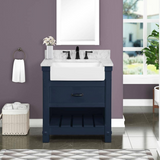 30" Farmington Freestanding Solid Wood Bathroom Vanity in Navy Blue with Carrara Engineered Stone Top with 4 in. Backsplash & Apron Farmhouse Sink