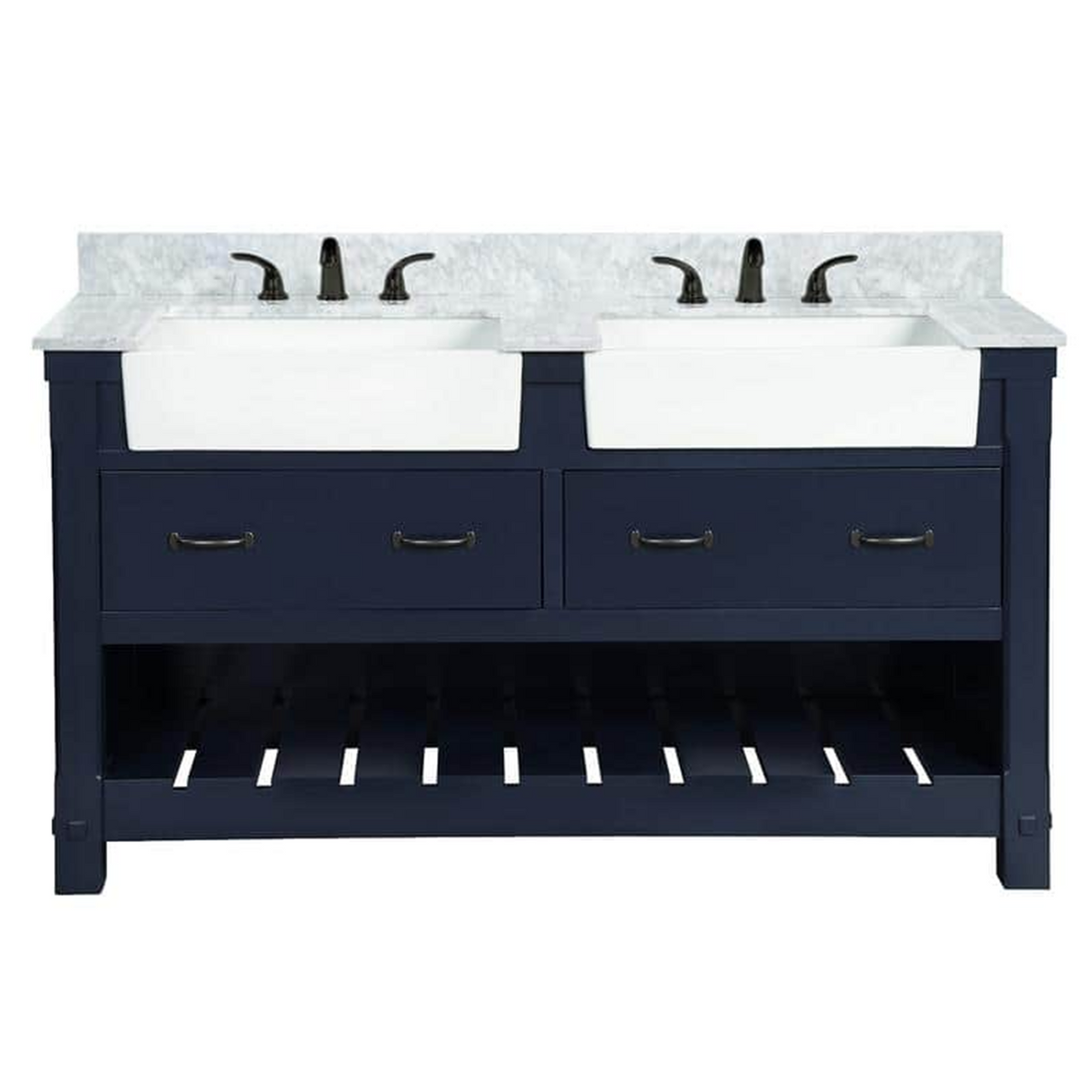 60" Farmington Freestanding Solid Wood Bathroom Vanity in Navy Blue with Carrara Engineered Stone Top with 4 in. Backsplash & Apron Farmhouse Double Sink