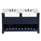 60" Farmington Freestanding Solid Wood Bathroom Vanity in Navy Blue with Carrara Engineered Stone Top with 4 in. Backsplash & Apron Farmhouse Double Sink