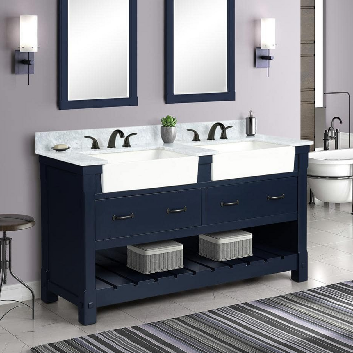 60" Farmington Freestanding Solid Wood Bathroom Vanity in Navy Blue with Carrara Engineered Stone Top with 4 in. Backsplash & Apron Farmhouse Double Sink