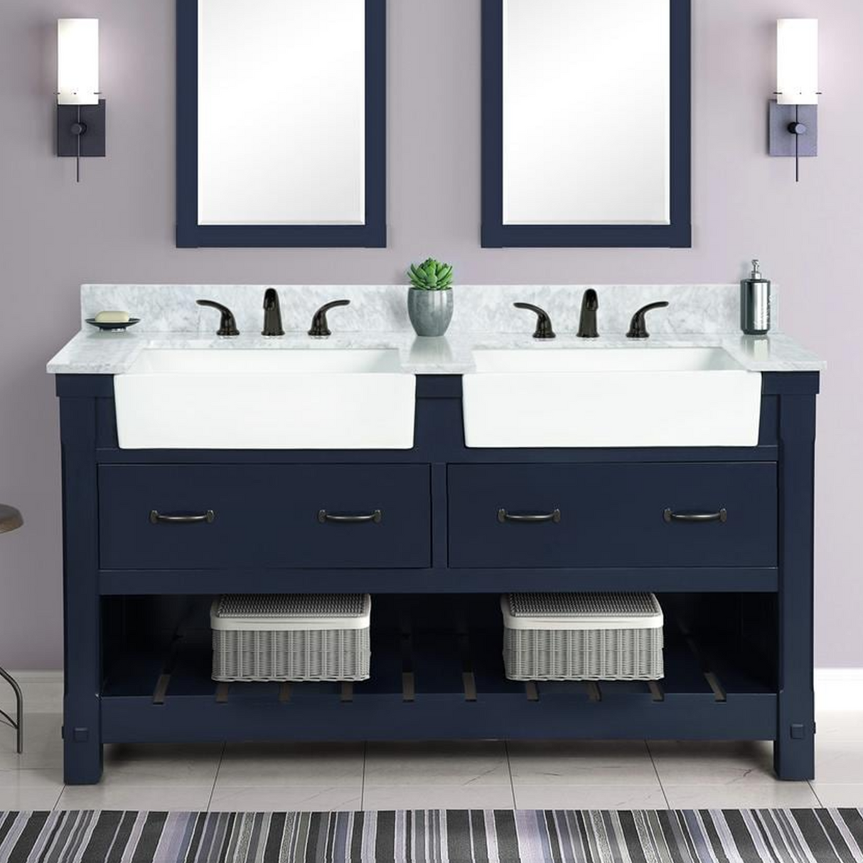 61" Bathroom Vanity in Navy Blue With Double Sink - Premium Farmington Family