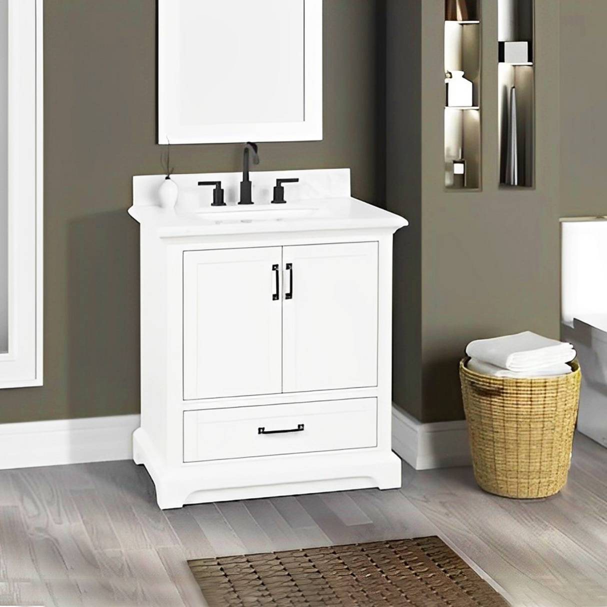 30" Rhoda Freestanding White Solid Wood Bathroom Vanity with Natural Carrara White Marble Sink Top with 4 In. Backsplash