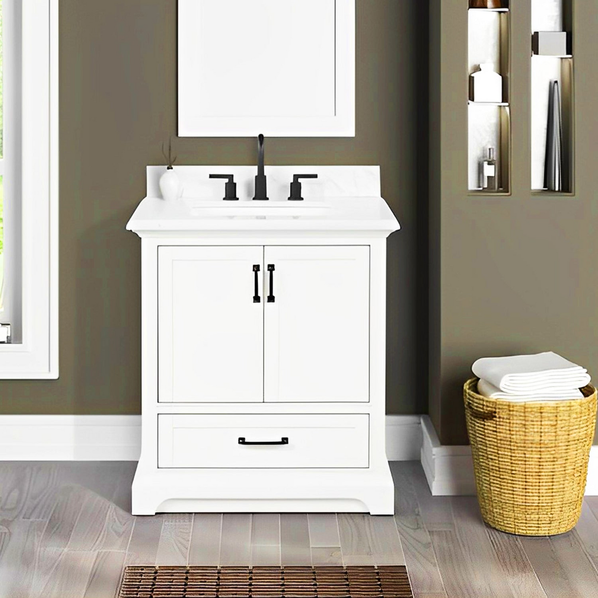 30" Rhoda Freestanding White Solid Wood Bathroom Vanity with Natural Carrara White Marble Sink Top with 4 In. Backsplash
