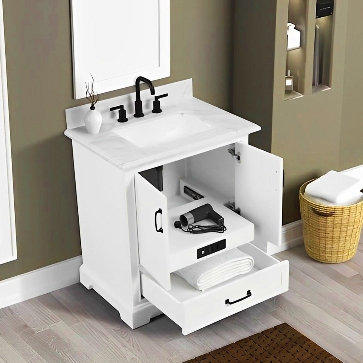 30" Rhoda Freestanding White Solid Wood Bathroom Vanity with Natural Carrara White Marble Sink Top with 4 In. Backsplash