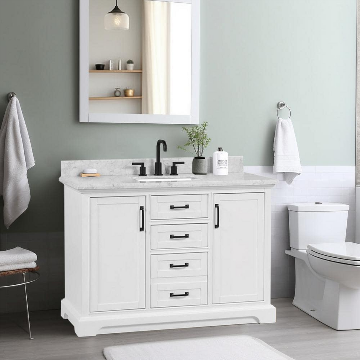 48" Rhoda Freestanding White Solid Wood Bathroom Vanity with Natural Carrara White Marble Sink Top with 4 In. Backsplash