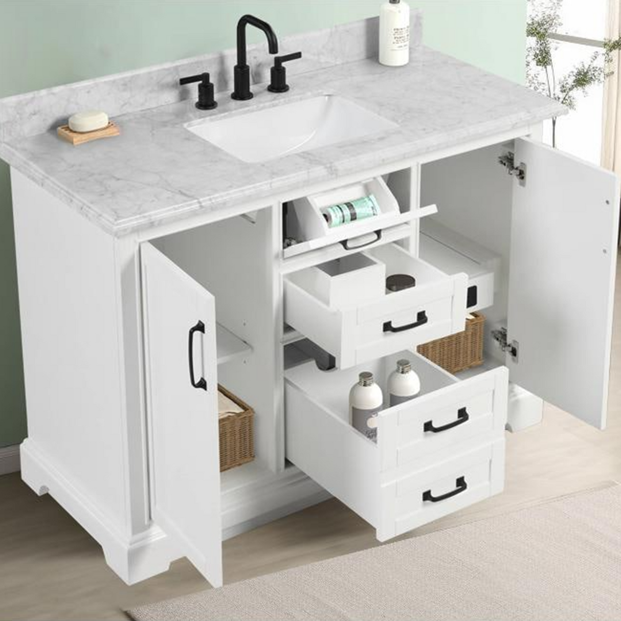 48" Rhoda Freestanding White Solid Wood Bathroom Vanity with Natural Carrara White Marble Sink Top with 4 In. Backsplash