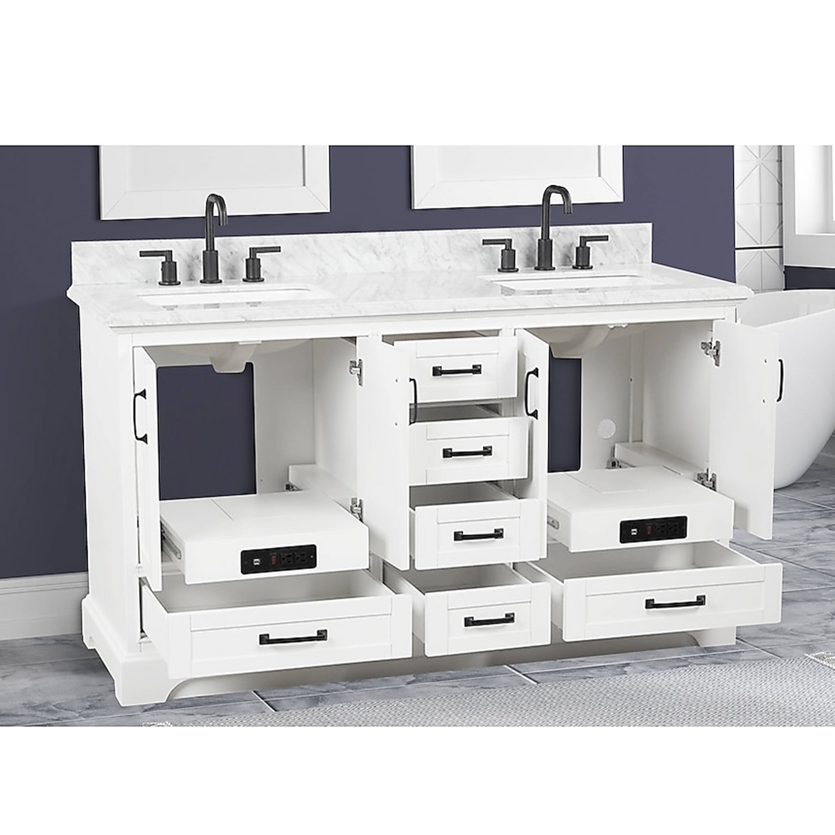 60" Rhoda Freestanding White Solid Wood Bathroom Vanity with Natural Carrara White Marble Double Sink Top with 4 In. Backsplash