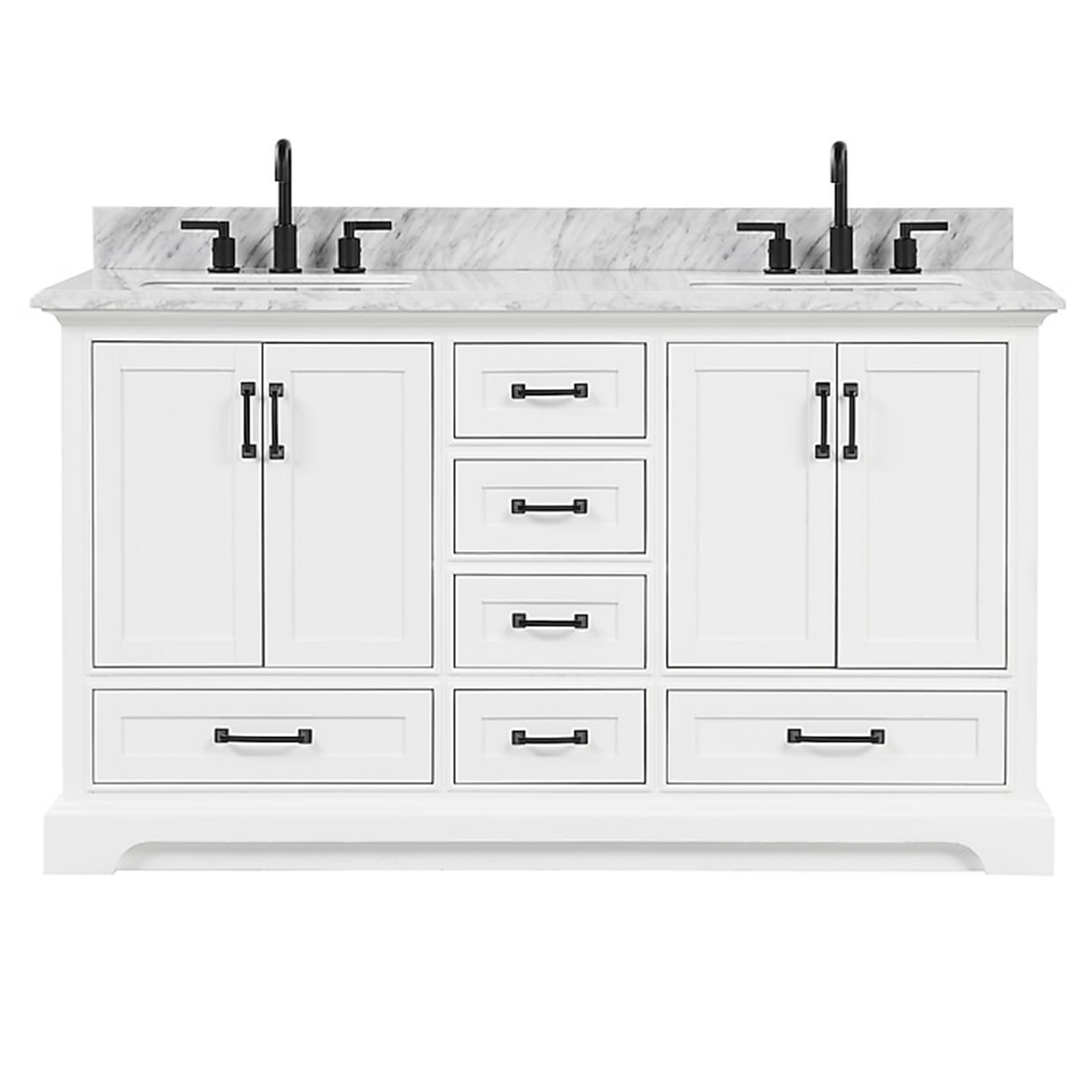 60" Rhoda Freestanding White Solid Wood Bathroom Vanity with Natural Carrara White Marble Double Sink Top with 4 In. Backsplash