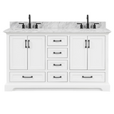 60" Rhoda Freestanding White Solid Wood Bathroom Vanity with Natural Carrara White Marble Double Sink Top with 4 In. Backsplash