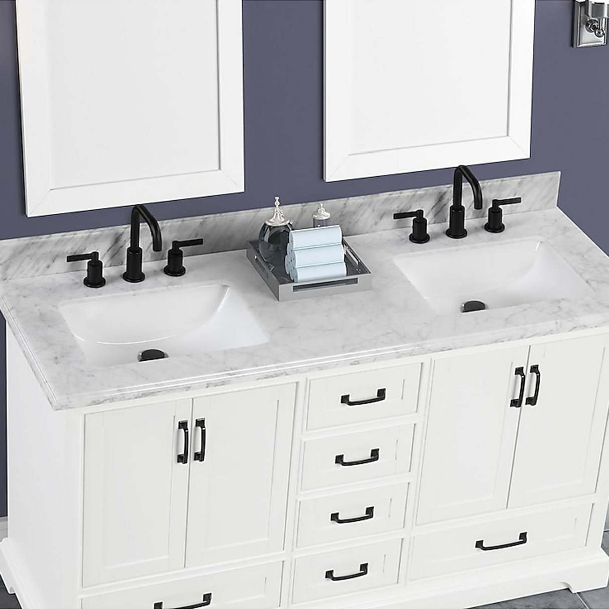 60" Rhoda Freestanding White Solid Wood Bathroom Vanity with Natural Carrara White Marble Double Sink Top with 4 In. Backsplash
