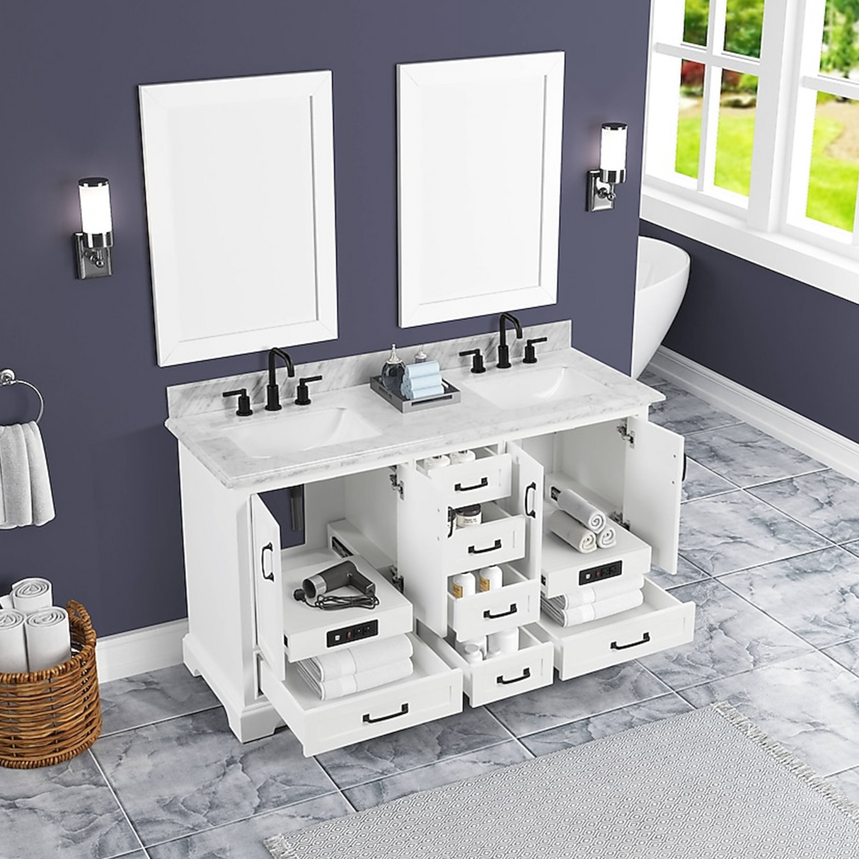 60" Rhoda Freestanding White Solid Wood Bathroom Vanity with Natural Carrara White Marble Double Sink Top with 4 In. Backsplash