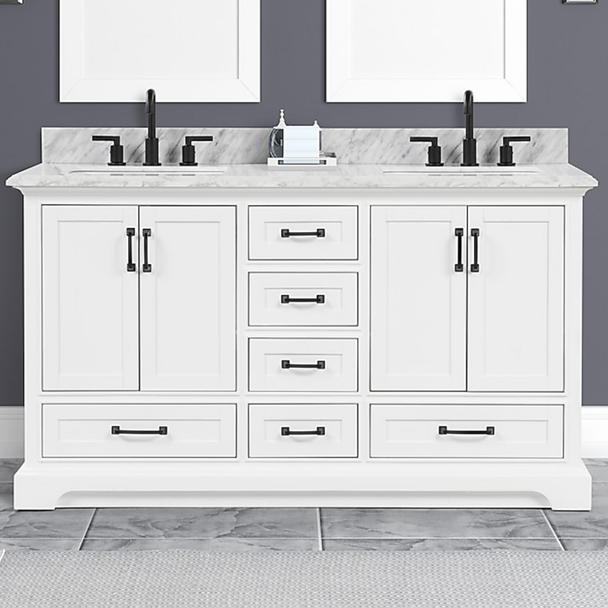 60" Rhoda Freestanding White Solid Wood Bathroom Vanity with Natural Carrara White Marble Double Sink Top with 4 In. Backsplash